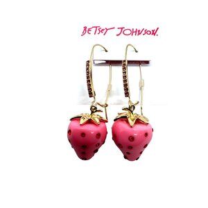 Betsey Johnson Pink Strawberry Dangle Earrings Gold Tone Rhinestone Accents